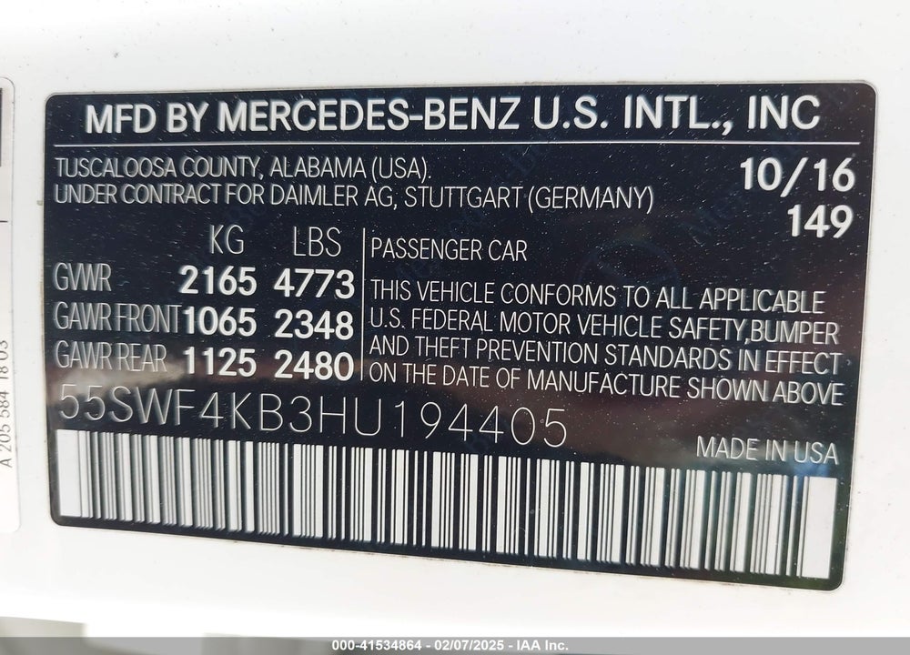 2017 MERCEDES-BENZ C 300 4MATIC/LUXURY 4MATIC/SPORT 4MATIC VIN: 55SWF4KB3HU194405