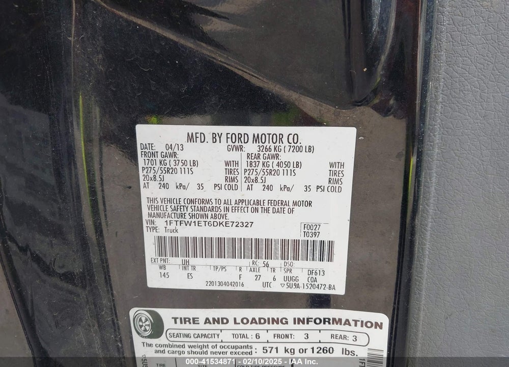 2013 FORD F-150 VIN: 1FTFW1ET6DKE72327