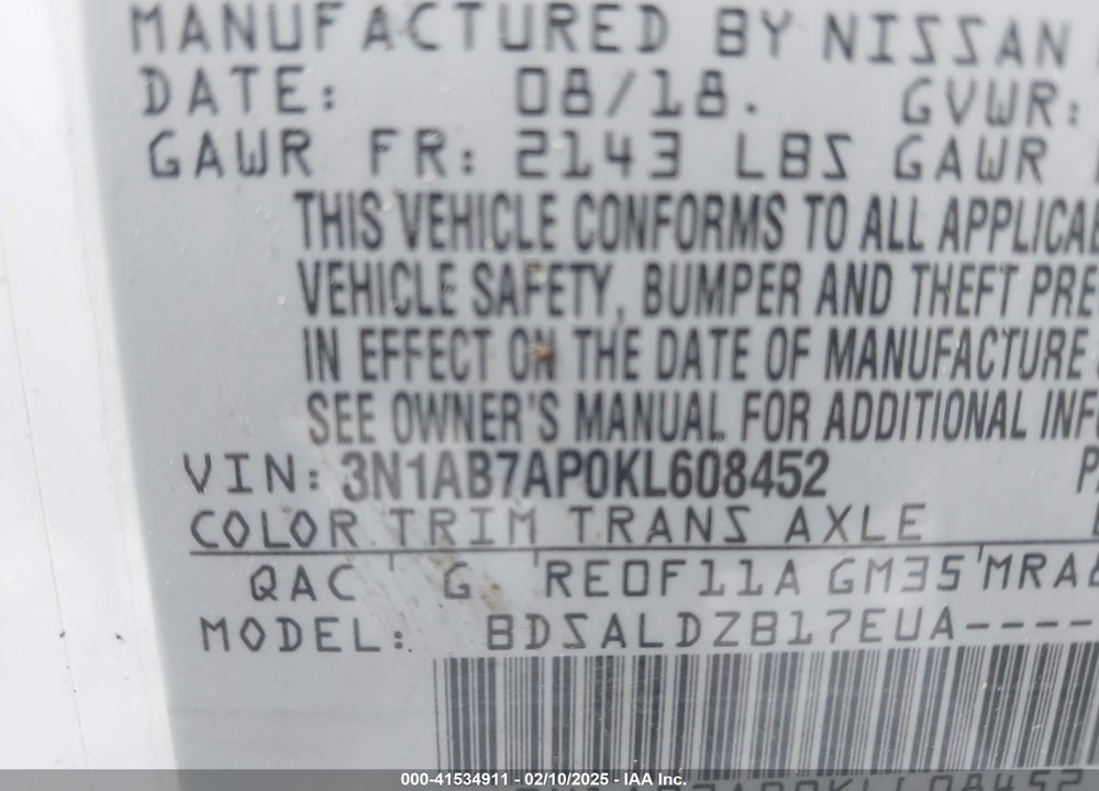 2019 NISSAN SENTRA VIN: 3N1AB7AP0KL608452