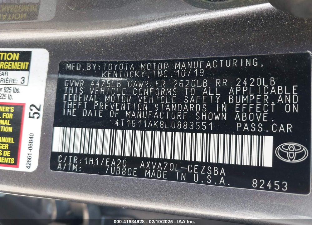2020 TOYOTA CAMRY VIN: 4T1G11AK8LU883551