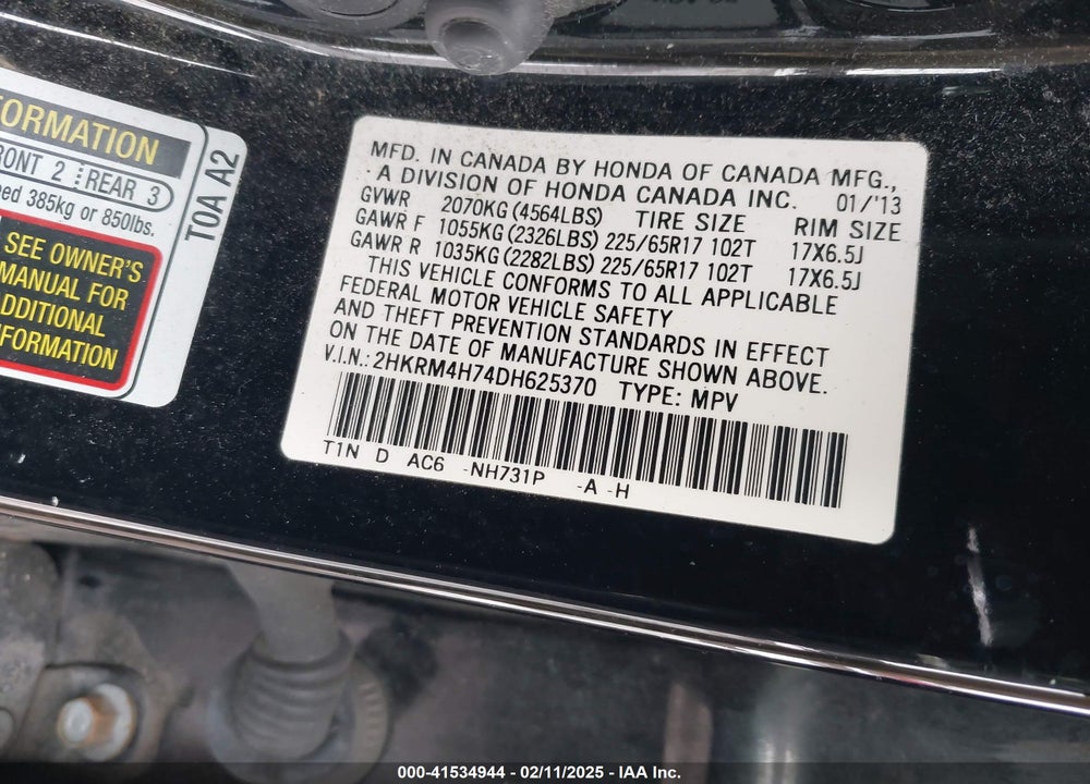 2013 HONDA CR-V EX-L VIN: 2HKRM4H74DH625370