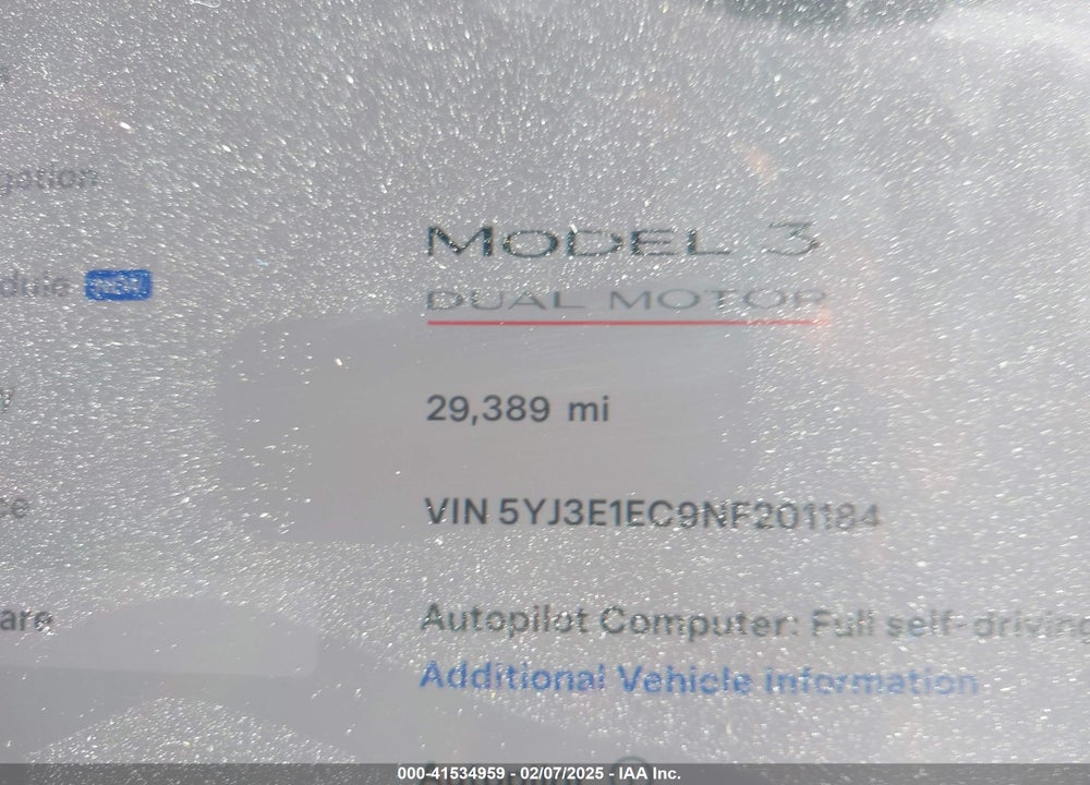 2022 TESLA MODEL 3 VIN: 5YJ3E1EC9NF201184