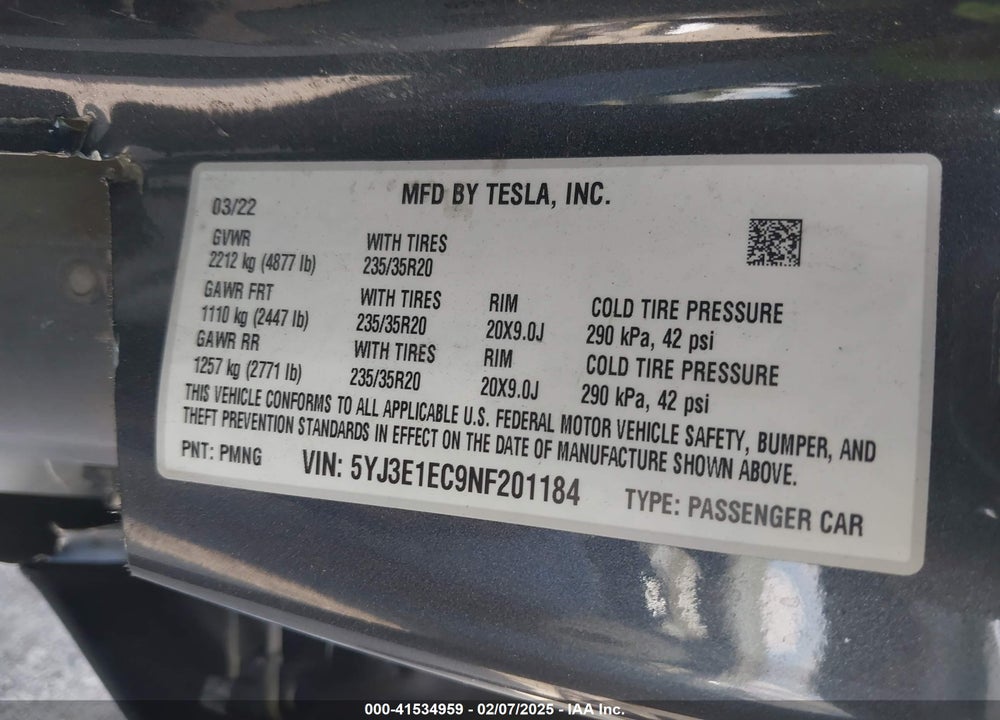2022 TESLA MODEL 3 VIN: 5YJ3E1EC9NF201184