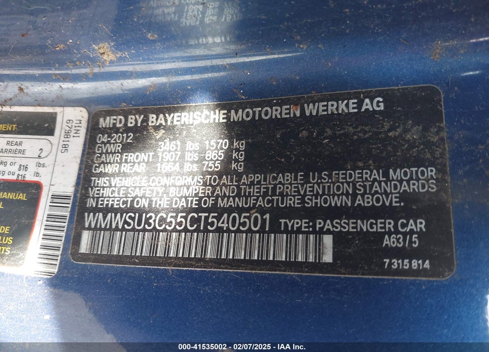 2012 MINI COOPER VIN: WMWSU3C55CT540501