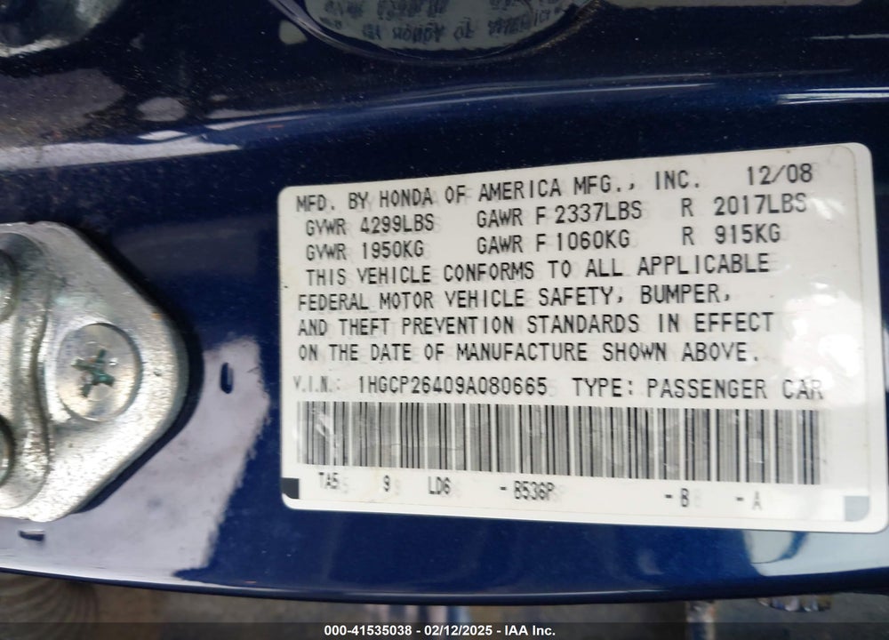2009 HONDA ACCORD 2.4 LX-P VIN: 1HGCP26409A080665