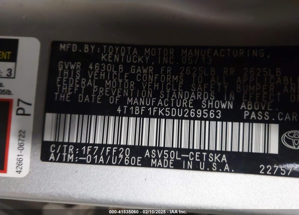 2013 TOYOTA CAMRY VIN: 4T1BF1FK5DU269563
