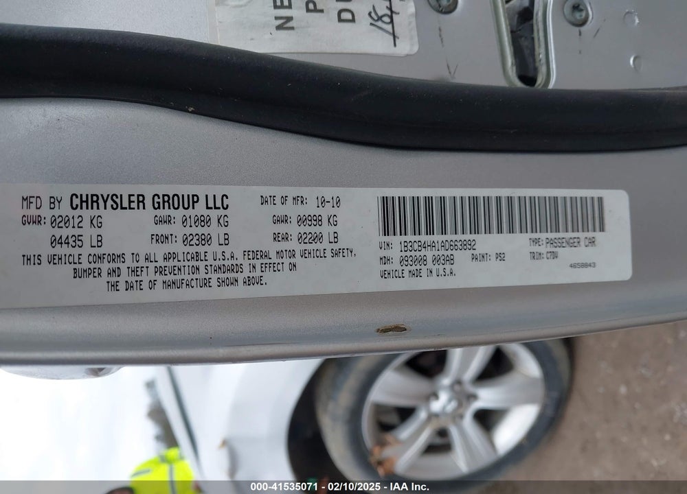 2010 DODGE CALIBER VIN: 1B3CB4HA1AD663892