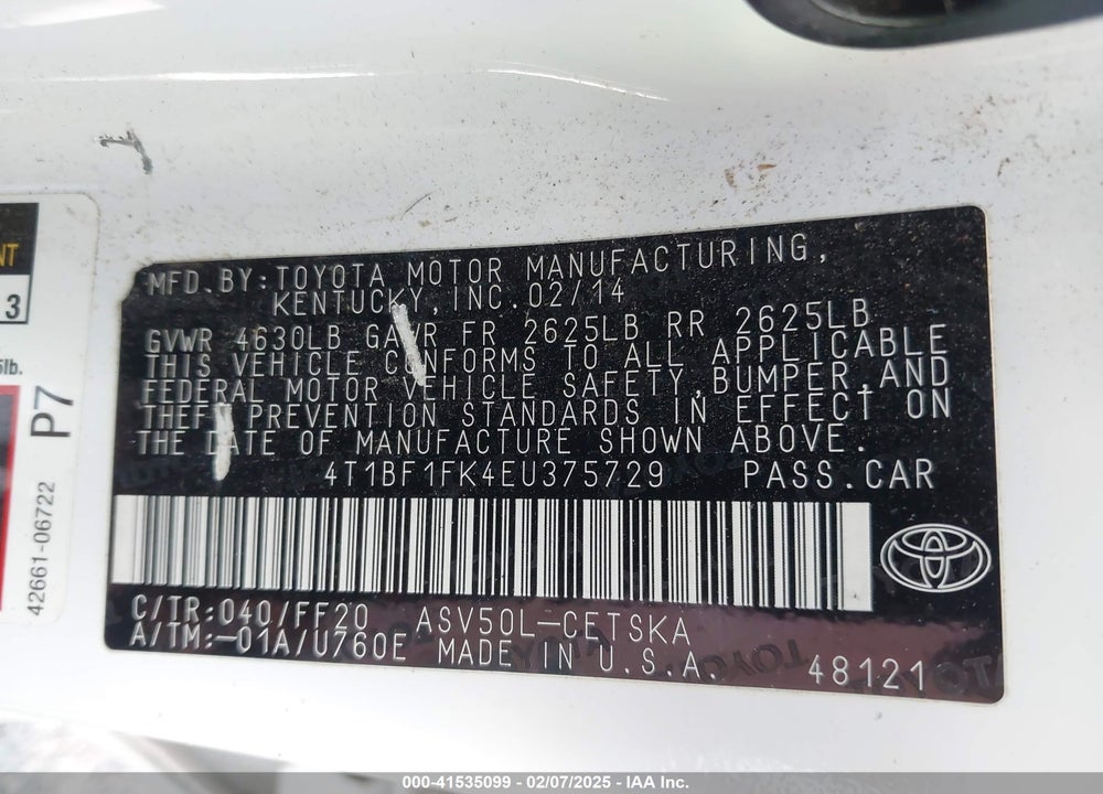2014 TOYOTA CAMRY VIN: 4T1BF1FK4EU375729