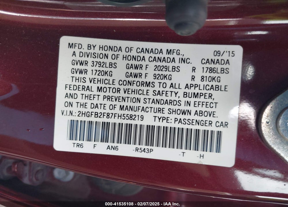 2015 HONDA CIVIC VIN: 2HGFB2F87FH558219
