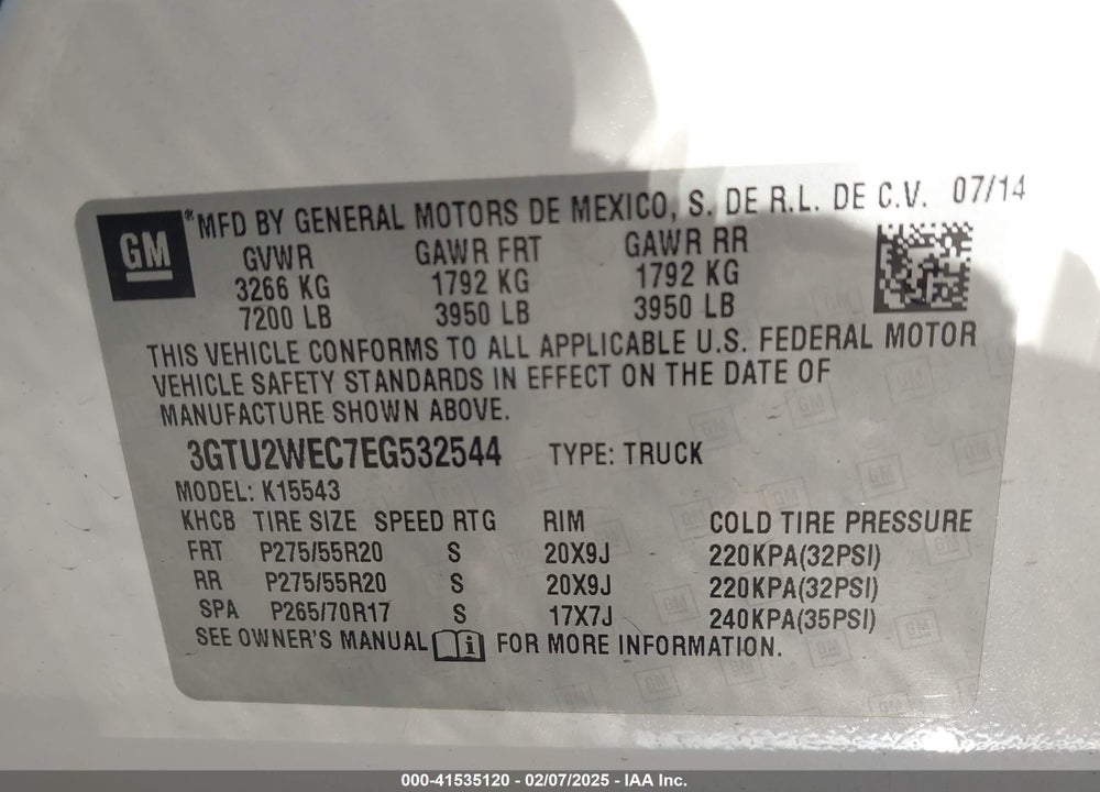 2014 GMC SIERRA VIN: 3GTU2WEC7EG532544