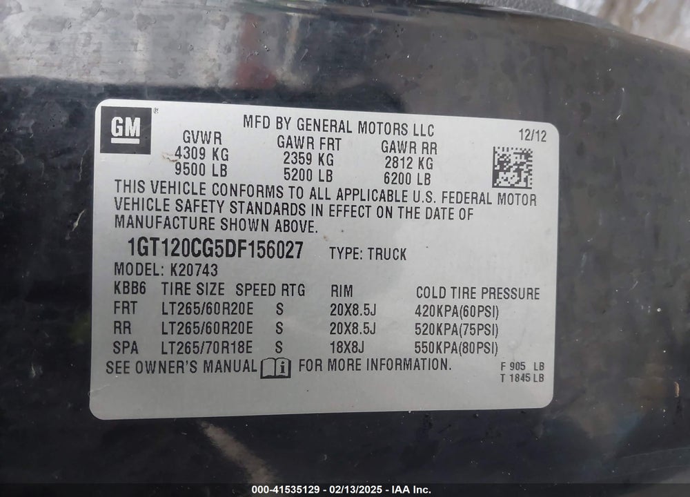 2013 GMC SIERRA 2500HD VIN: 1GT120CG5DF156027