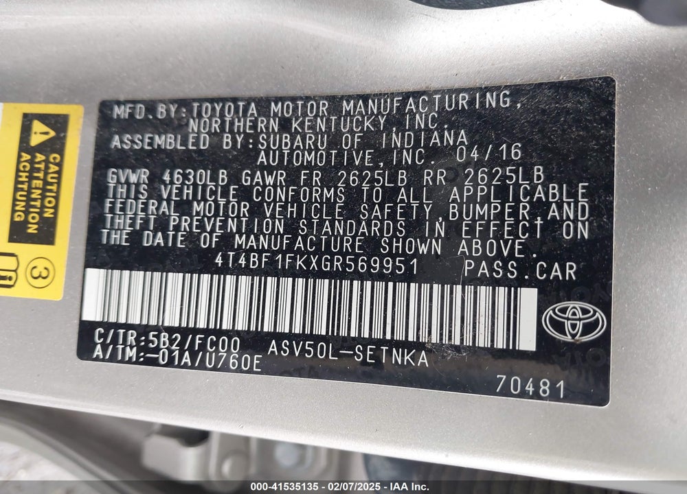 2016 TOYOTA CAMRY VIN: 4T4BF1FKXGR569951