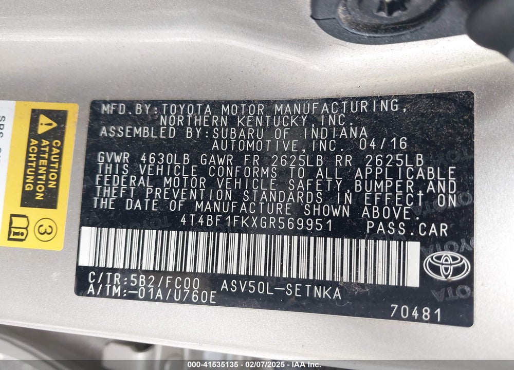 2016 TOYOTA CAMRY VIN: 4T4BF1FKXGR569951