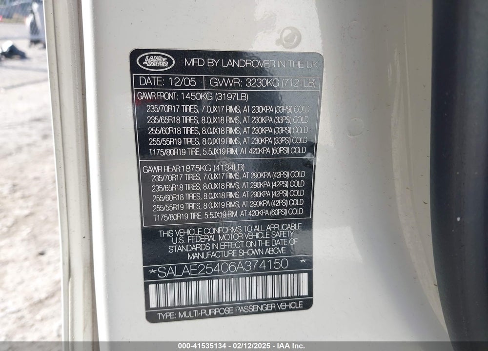 2006 LAND ROVER LR3 V8 SE VIN: SALAE25406A374150