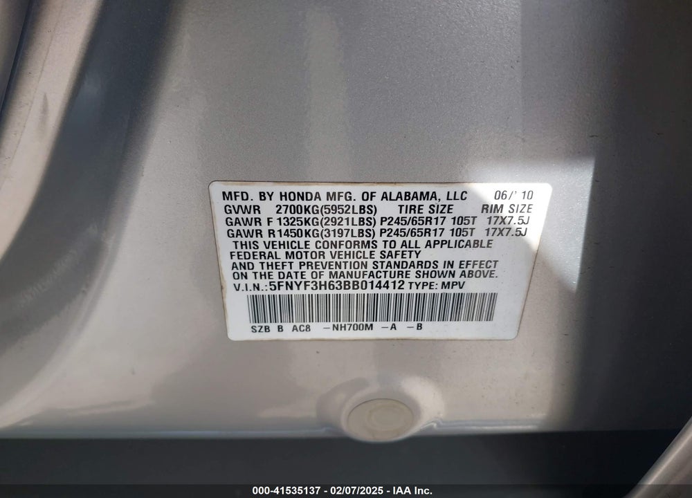 2011 HONDA PILOT EX-L VIN: 5FNYF3H63BB014412