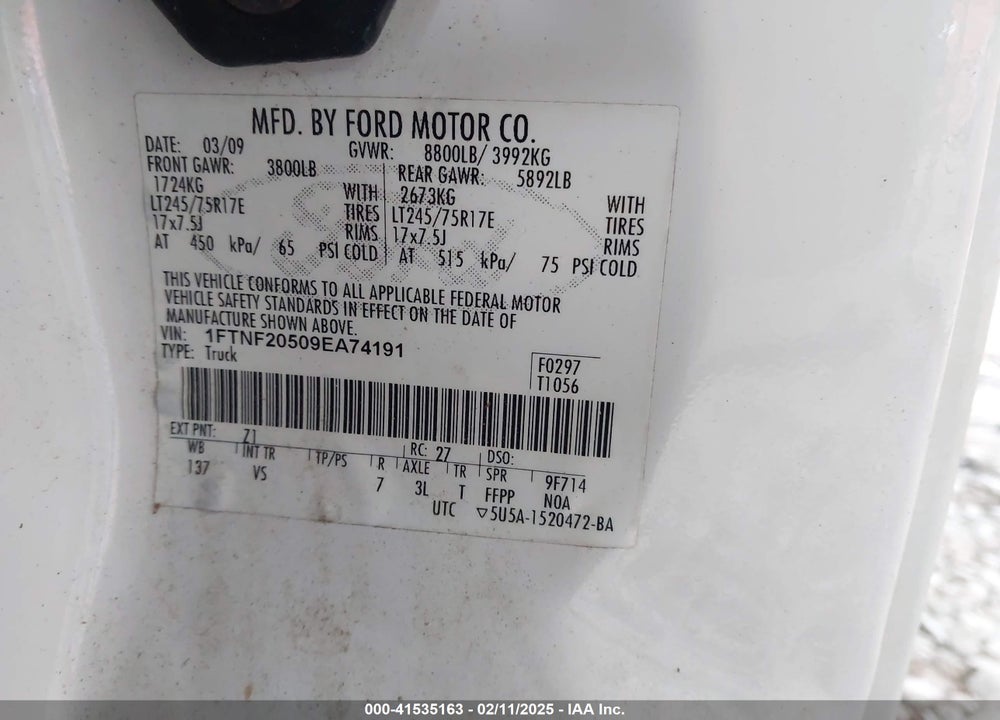 2009 FORD F-250 XL/XLT VIN: 1FTNF20509EA74191