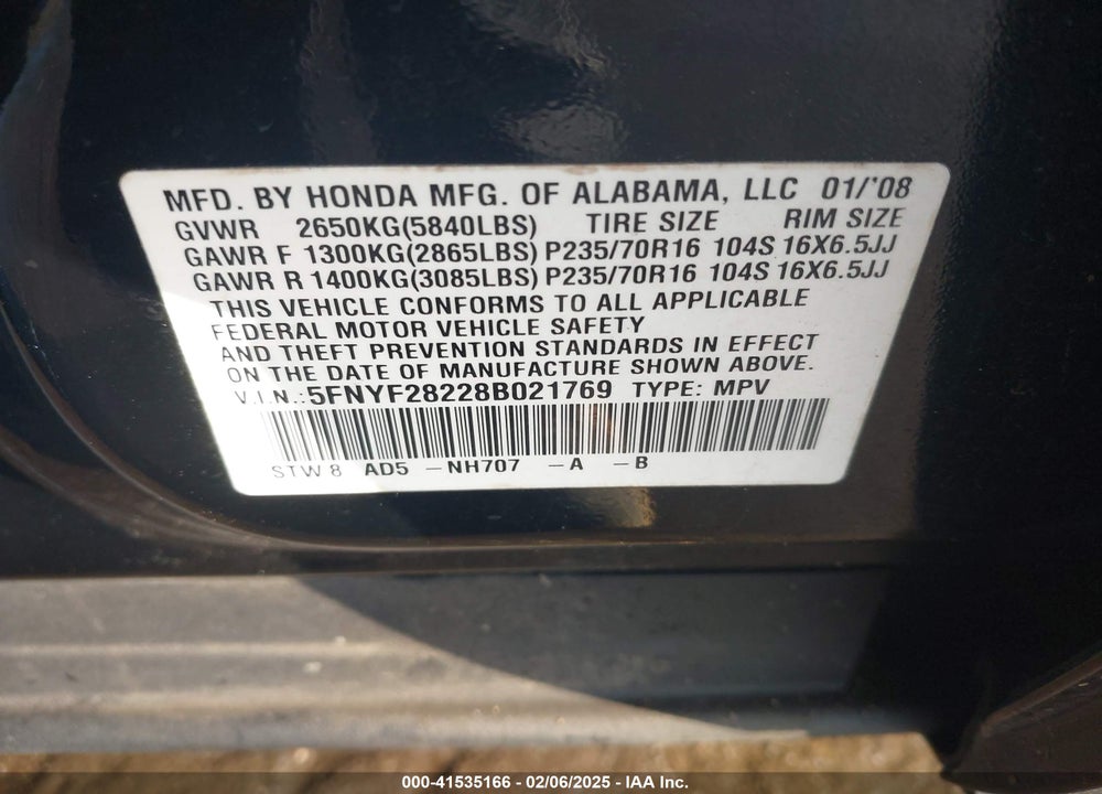 2008 HONDA PILOT VP VIN: 5FNYF28228B021769
