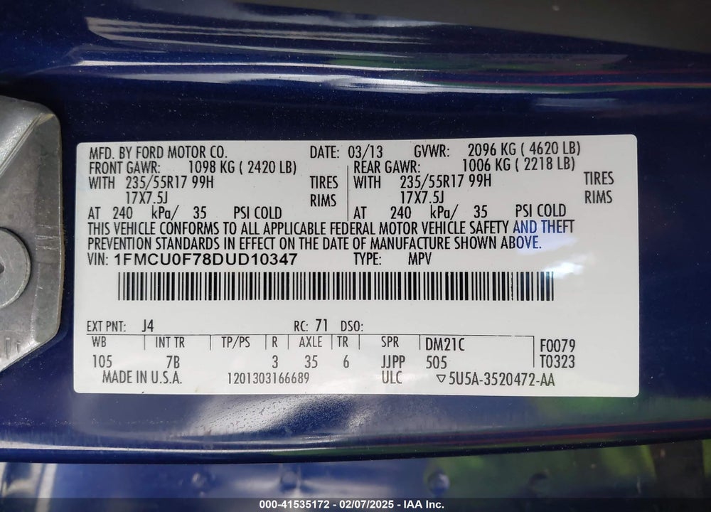 2013 FORD ESCAPE S VIN: 1FMCU0F78DUD10347