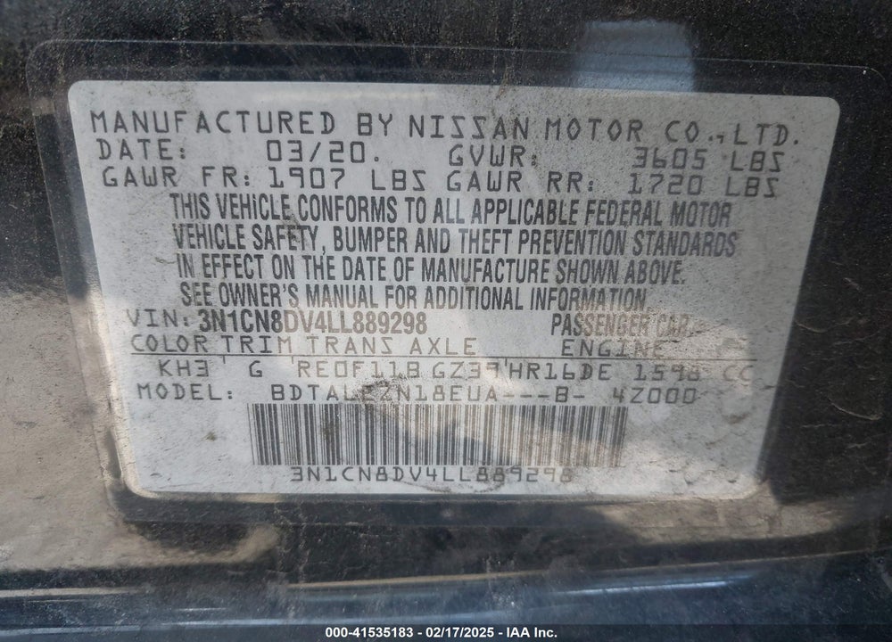 2020 NISSAN VERSA VIN: 3N1CN8DV4LL889298
