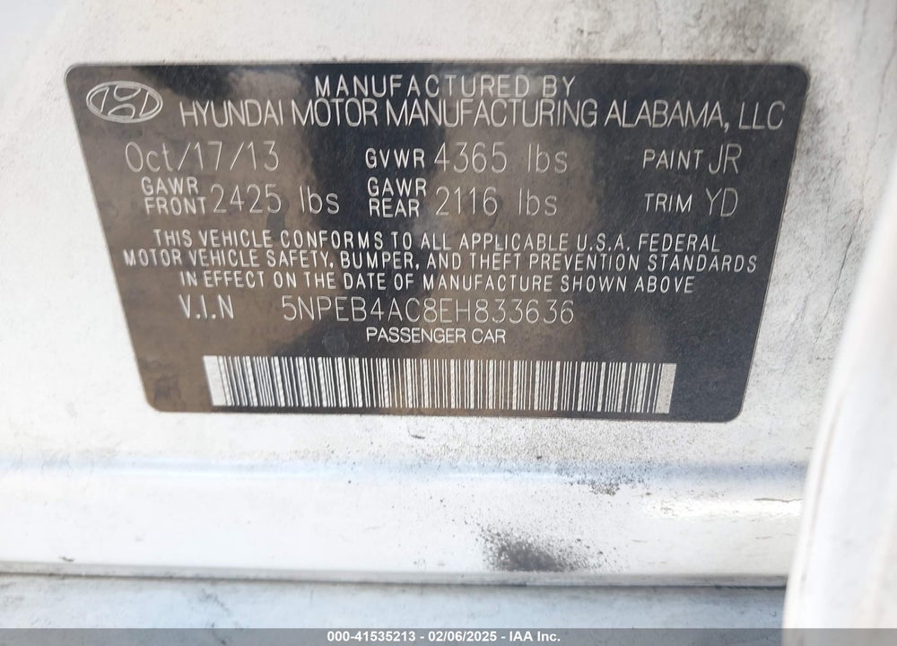 2014 HYUNDAI SONATA VIN: 5NPEB4AC8EH833636