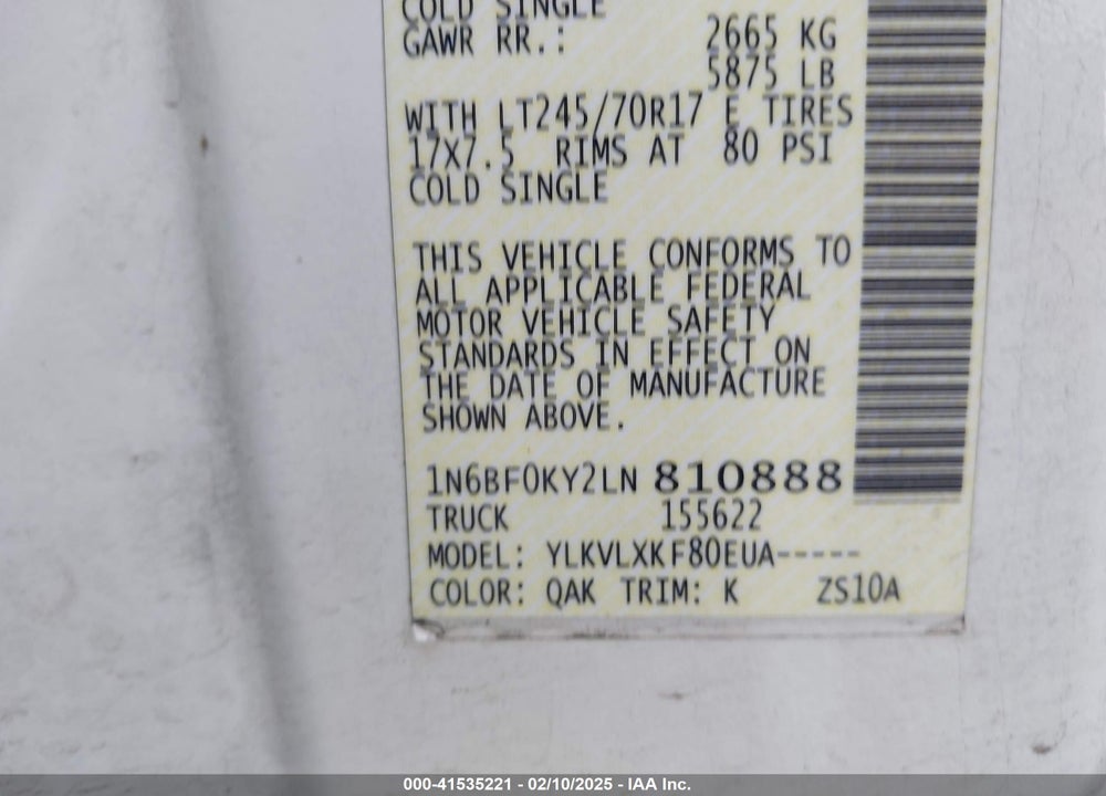 2020 NISSAN NV VIN: 1N6BF0KY2LN810888