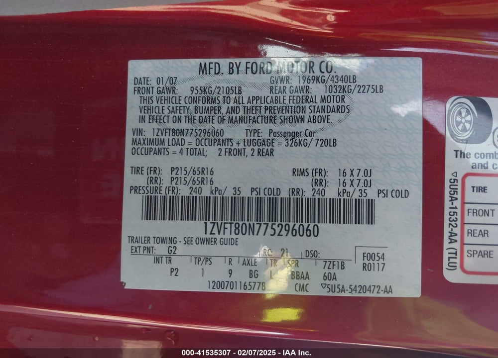 2007 FORD MUSTANG VIN: 1ZVFT80N775296060