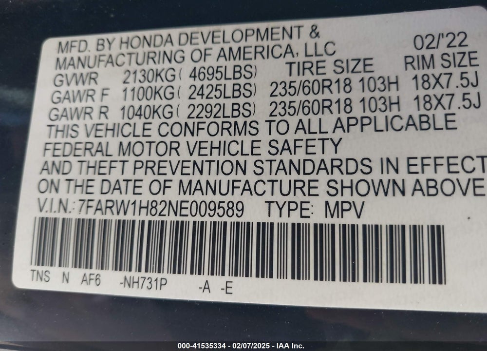 2022 HONDA CR-V VIN: 7FARW1H82NE009589