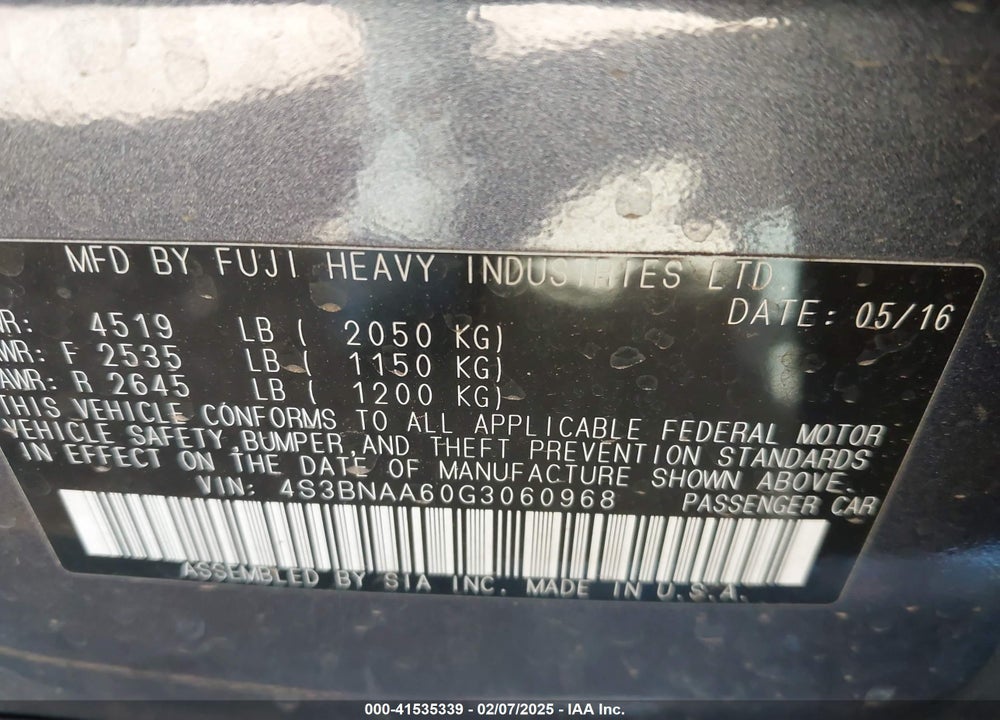 2016 SUBARU LEGACY VIN: 4S3BNAA60G3060968