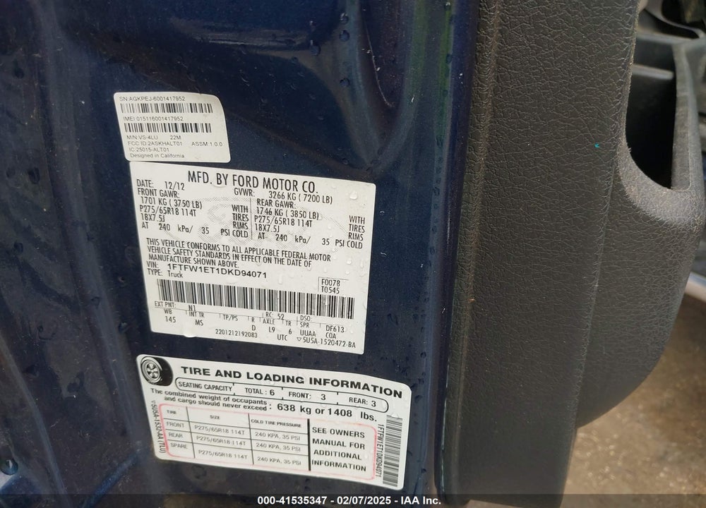 2013 FORD F-150 VIN: 1FTFW1ET1DKD94071