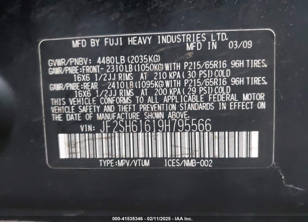 2009 SUBARU FORESTER VIN: JF2SH61619H795566