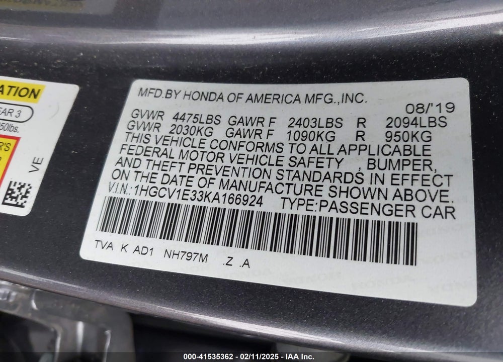 2019 HONDA ACCORD VIN: 1HGCV1E33KA166924