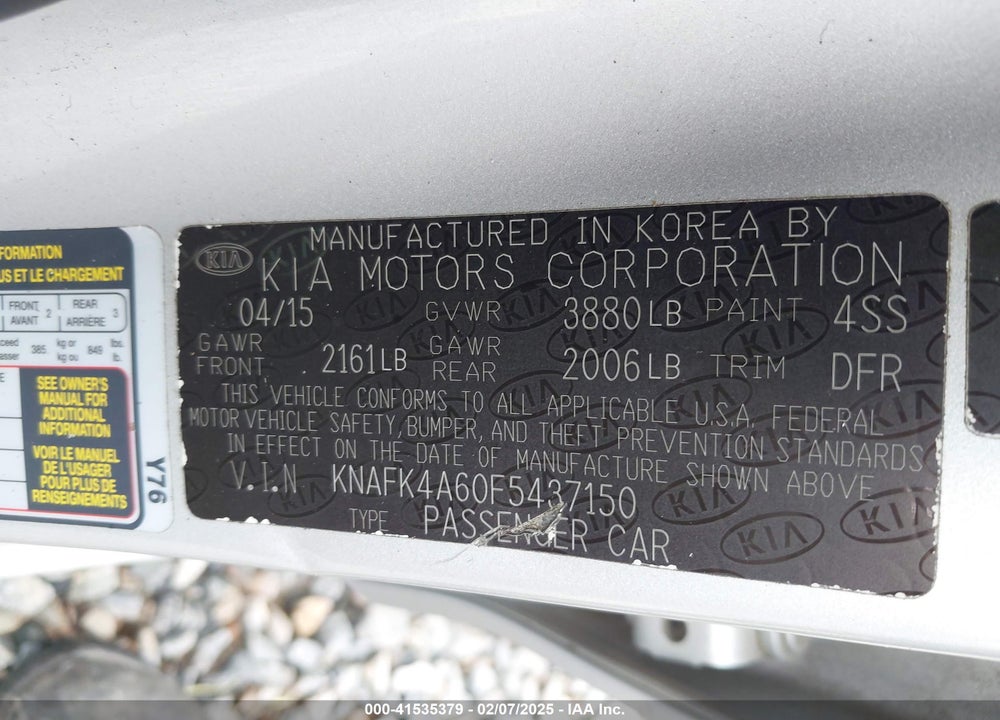 2015 KIA FORTE VIN: KNAFK4A60F5437150