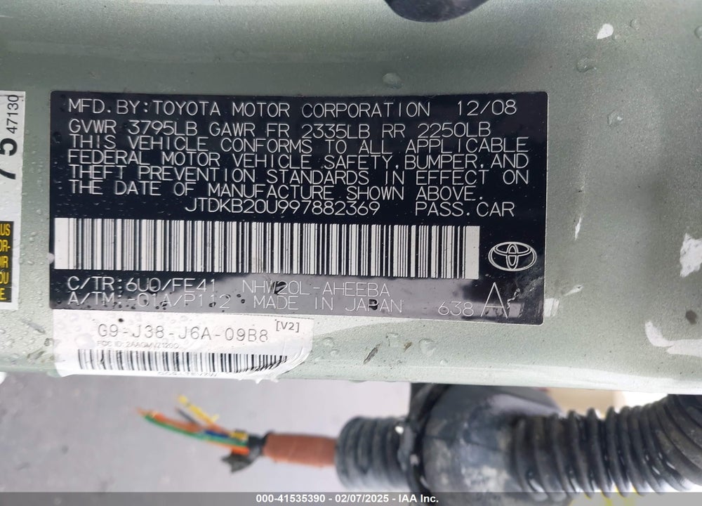 2009 TOYOTA PRIUS VIN: JTDKB20U997882369