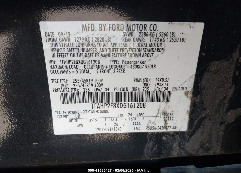 2013 FORD TAURUS VIN: 1FAHP2E8XDG161208
