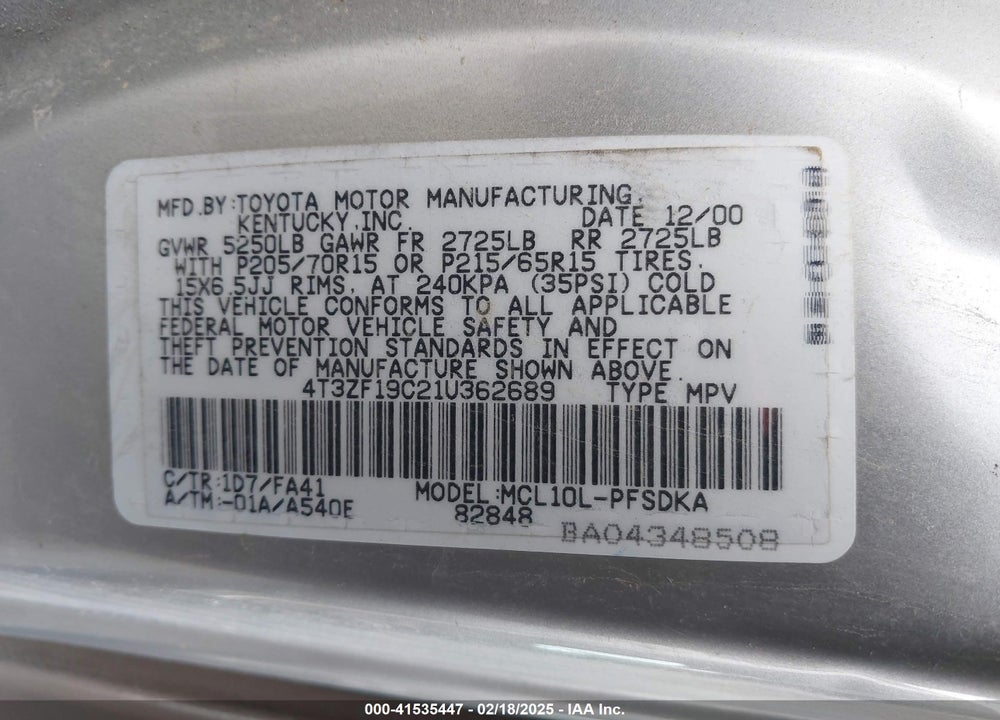 2001 TOYOTA SIENNA CE VIN: 4T3ZF19C21U362689