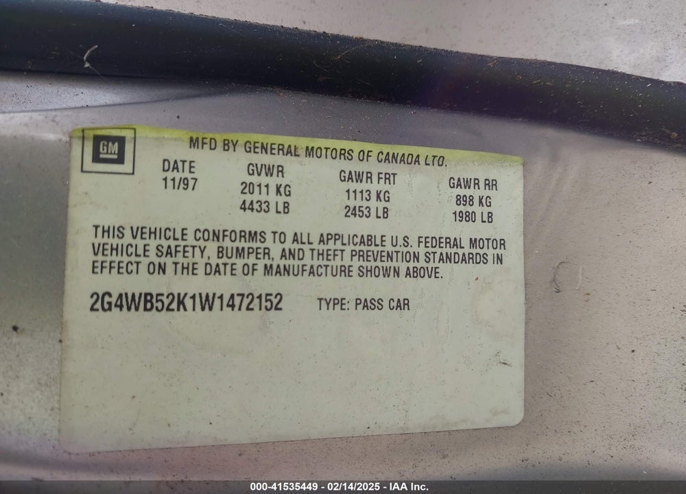 2001 BUICK REGAL LS VIN: 2G4WB55KX11308676
