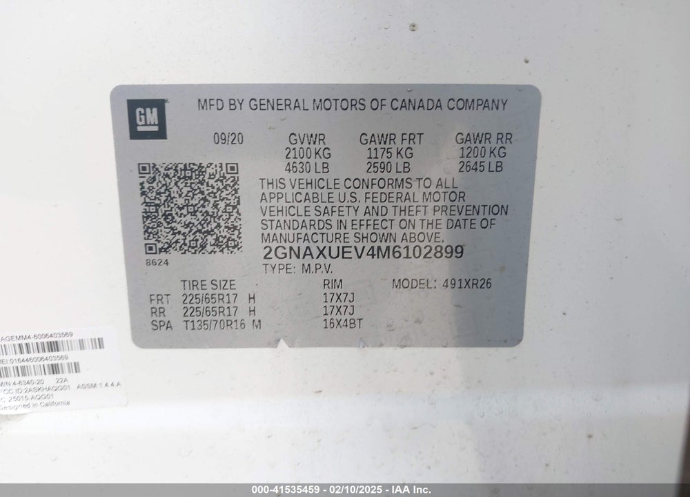 2021 CHEVROLET EQUINOX VIN: 2GNAXUEV4M6102899