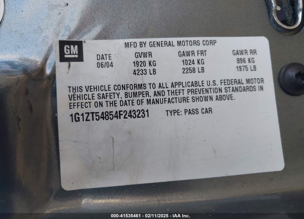 2004 CHEVROLET MALIBU VIN: 1G1ZT54854F243231