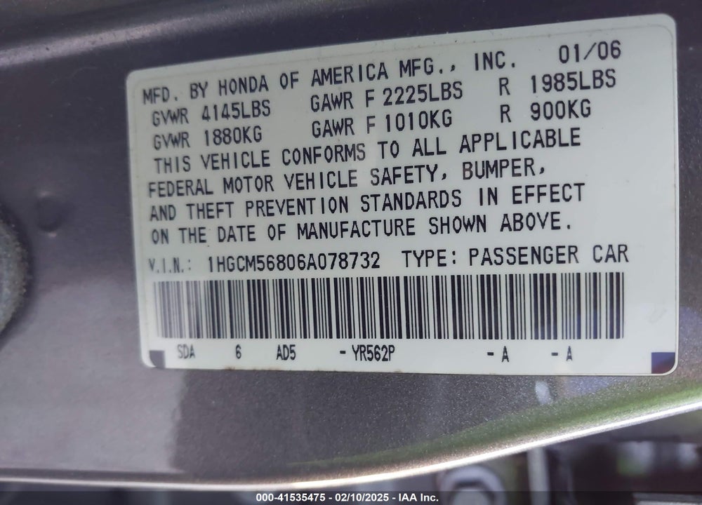 2006 HONDA ACCORD 2.4 EX VIN: 1HGCM56806A078732