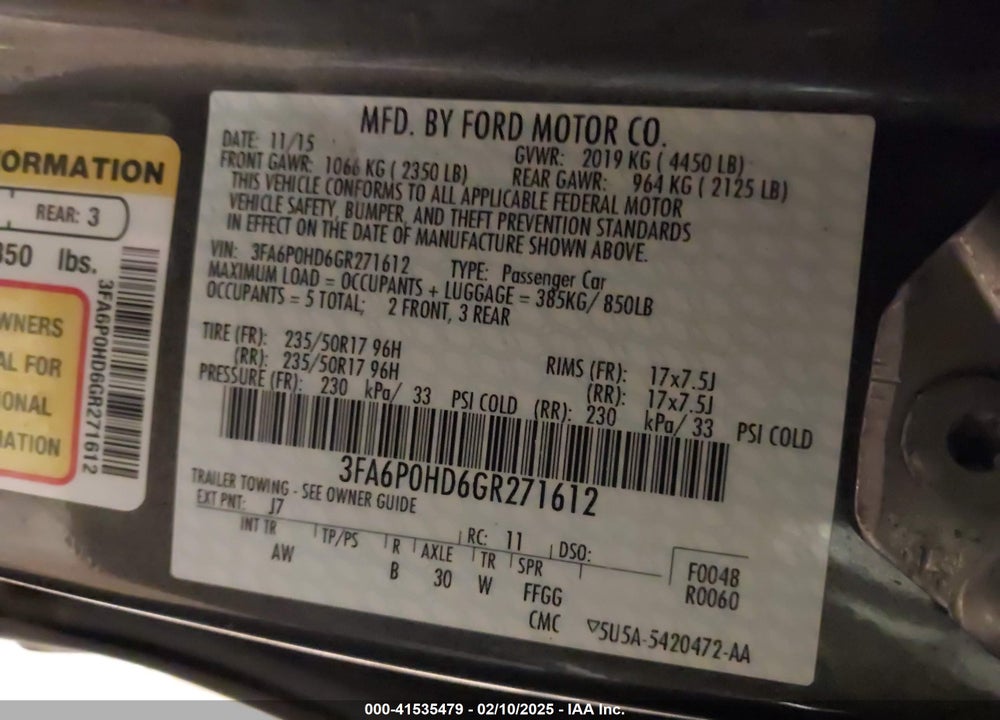 2016 FORD FUSION VIN: 3FA6P0HD6GR271612
