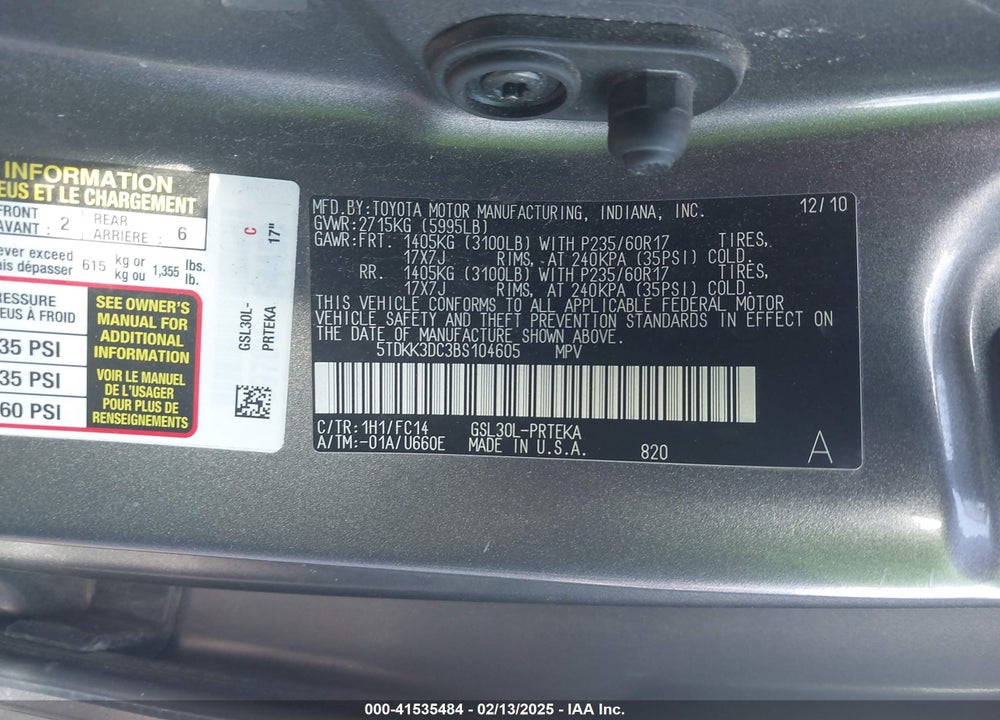 2011 TOYOTA SIENNA VIN: 5TDKK3DC3BS104605