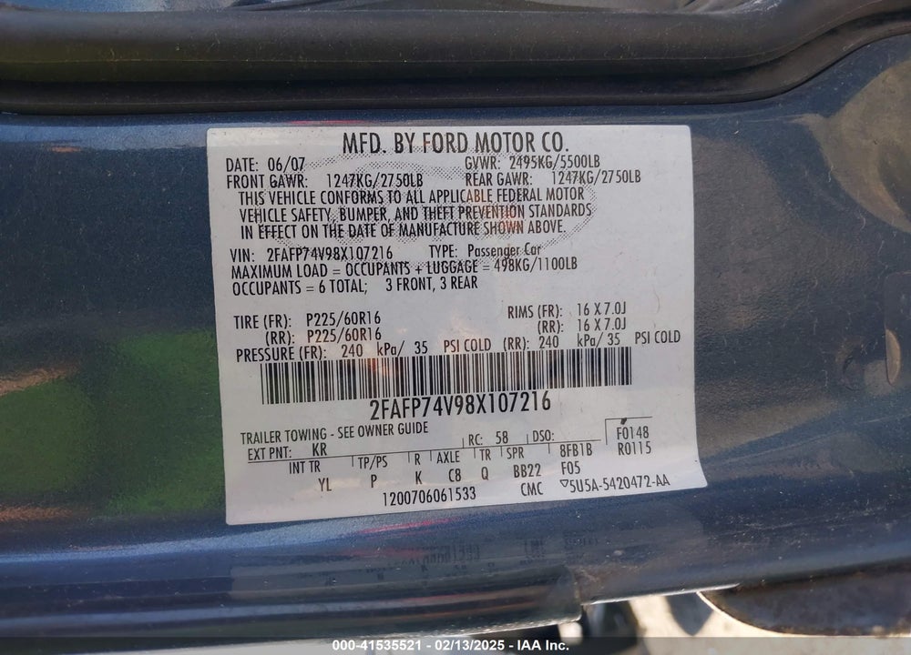 2008 FORD CROWN VICTORIA LX VIN: 2FAFP74V98X107216