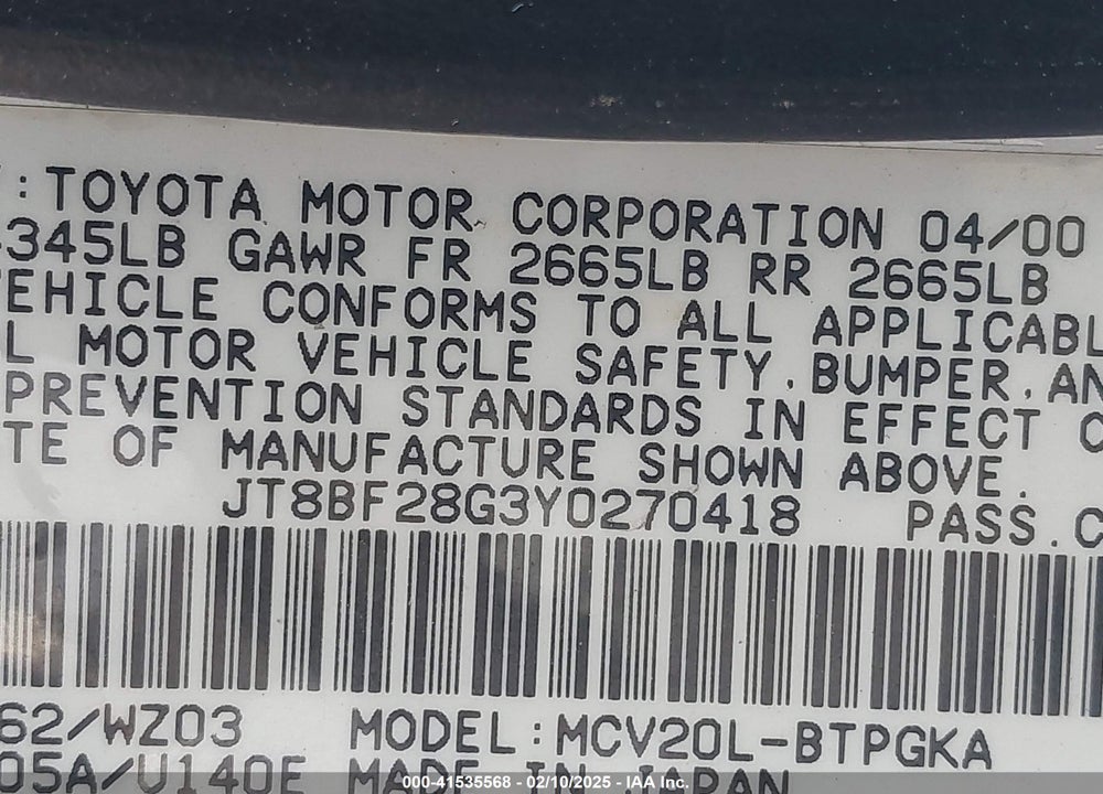 2000 LEXUS ES 300 VIN: JT8BF28G3Y0270418