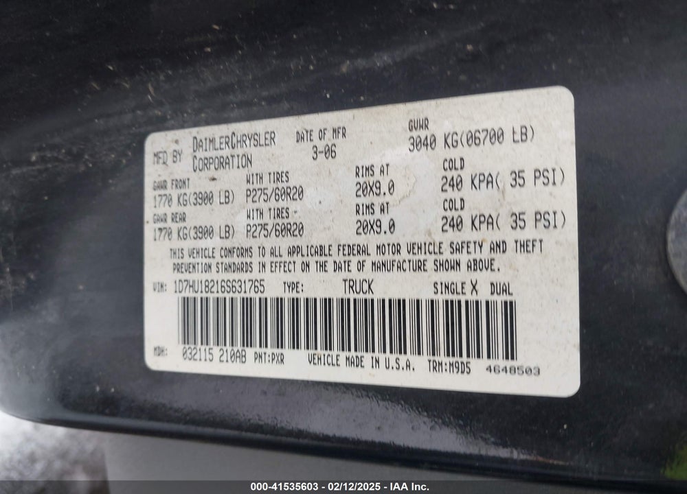 2006 DODGE RAM 1500 SLT/TRX4 OFF ROAD/SPORT VIN: 1D7HU18216S631765