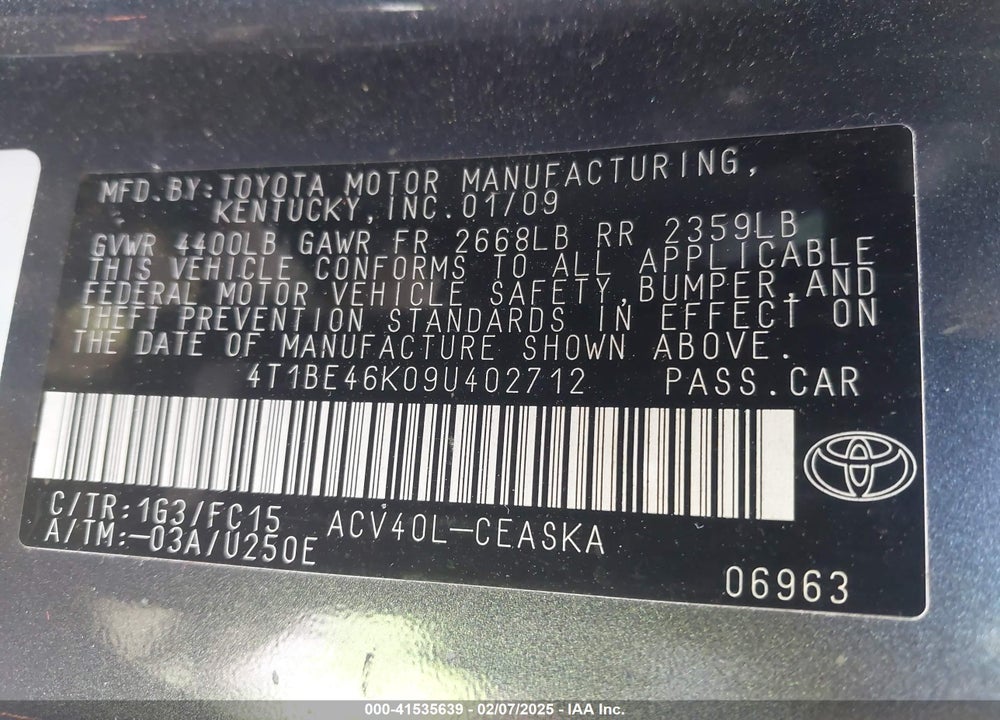 2009 TOYOTA CAMRY VIN: 4T1BE46K09U402712