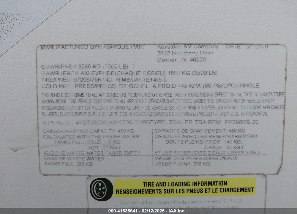 2020 KEYSTONE RV OTHER VIN: 4YDT29026LK410708