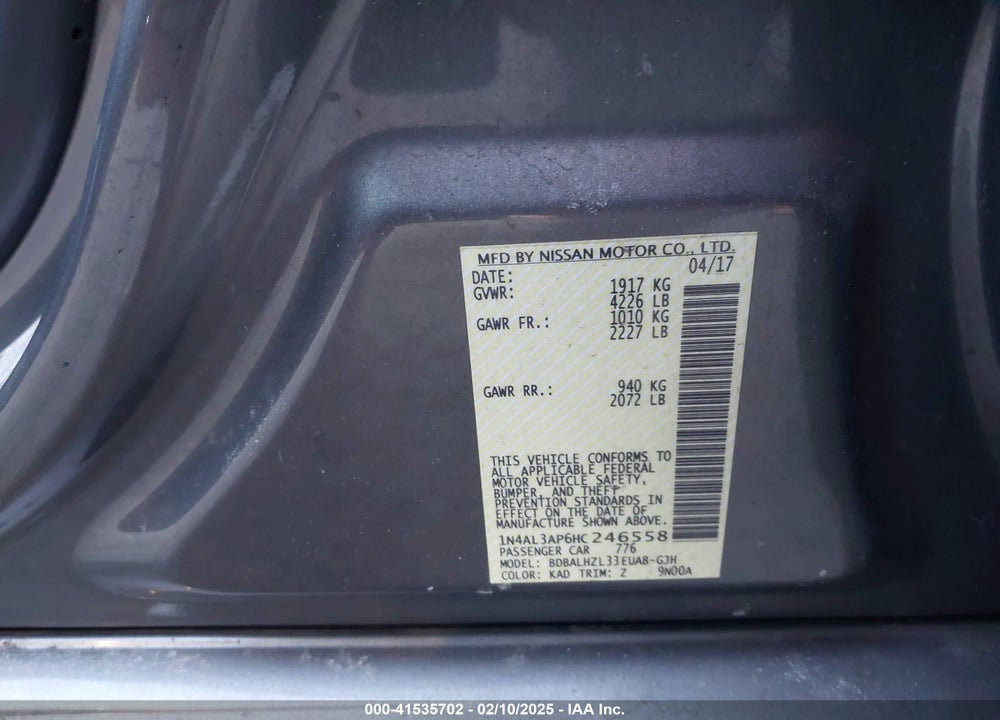 2017 NISSAN ALTIMA VIN: 1N4AL3AP6HC246558