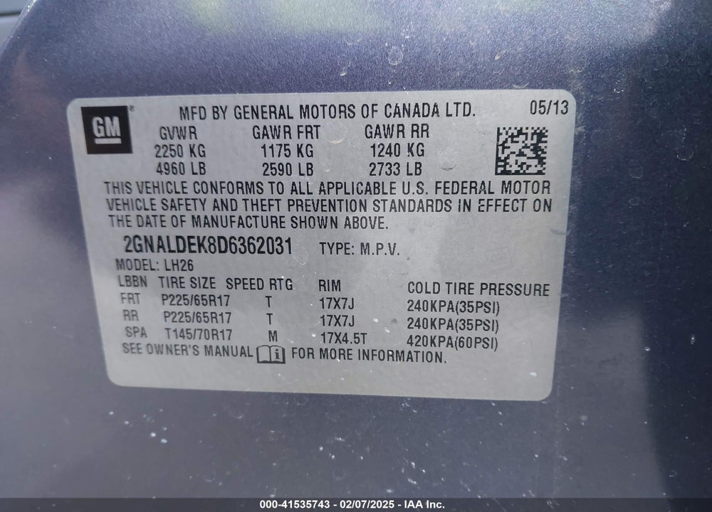 2013 CHEVROLET EQUINOX 1LT VIN: 2GNALDEK8D6362031