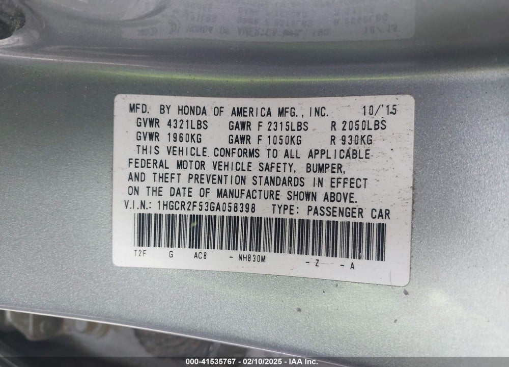 2016 HONDA ACCORD VIN: 1HGCR2F53GA058398