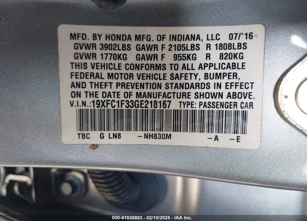 2016 HONDA CIVIC VIN: 19XFC1F33GE218167
